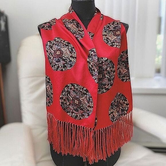Vtg red silk fortune vector print fringed long scarf - Picture 1 of 9
